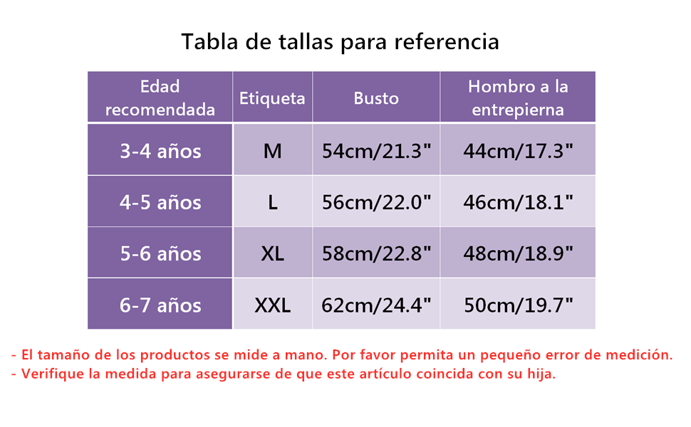 Tabla de tallas para referencia