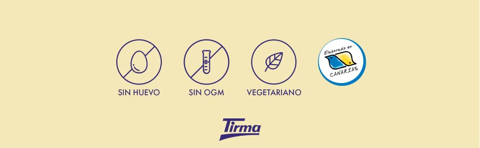 Banner de Tirma con iconos: productos sin huevo, sin OGM y vegetarianos. Elaborado en Canaarias.