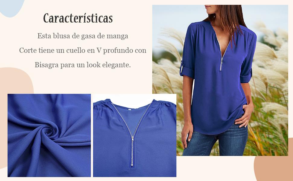 Tuopuda Mujer Blusas y Camisa Cuello V Camisetas Cremallera Gasa Blusas