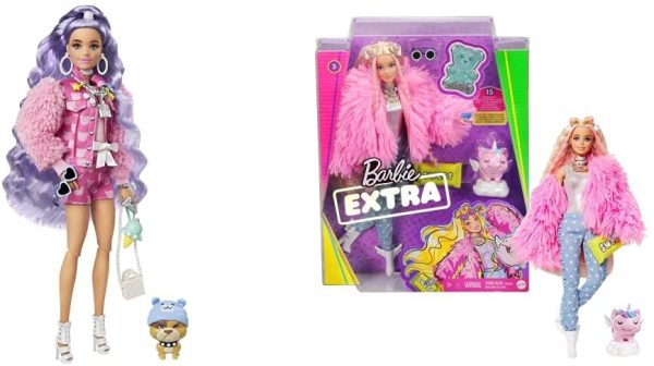 Barbie Extra Mu?eca articulada con Pelo p??rpura + Extra n.o 3 Mu?eca Articulada con Abrigo Rosa y Mascota Unicornio-Cerdito Incluye 15 Accesorios Regalo para Ni?os de 3 + A?os