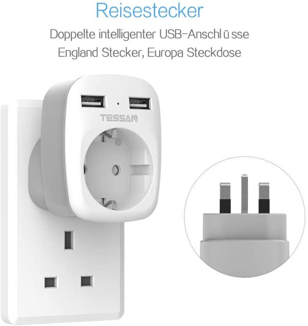 Adaptador Enchufe Ingles UK Inglaterra Adaptador de Viaje con 2 USB (2.4A), Español 2 Patas Europa hacia 3 Patas Reino Unido RU para Irlanda Escocia Britanico Maldivas（Tipo G??Blanco - Imagen 3