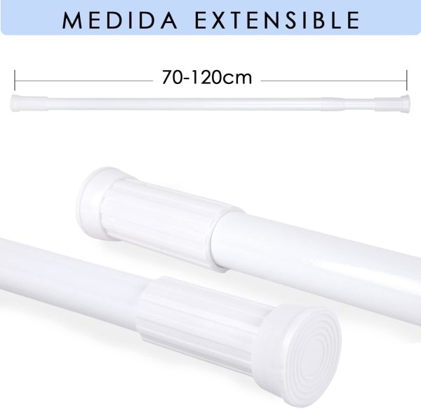 '-Barra Extensible Ajustable de Aluminio para baño, ropero, Armario y Cocina. Fácil Montaje, sin taladros ni Tornillos. Barra de tensión telescópica. (Blanco, 70-120cm) - Imagen 3