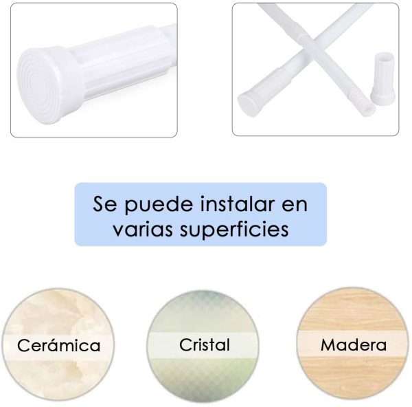 '-Barra Extensible Ajustable de Aluminio para baño, ropero, Armario y Cocina. Fácil Montaje, sin taladros ni Tornillos. Barra de tensión telescópica. (Blanco, 70-120cm) - Imagen 6