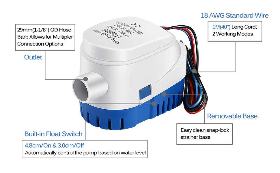 Bomba de achique automática 12V 1100GPH/ 70LPM Bomba de Agua Auto Sumergible para Barcos 