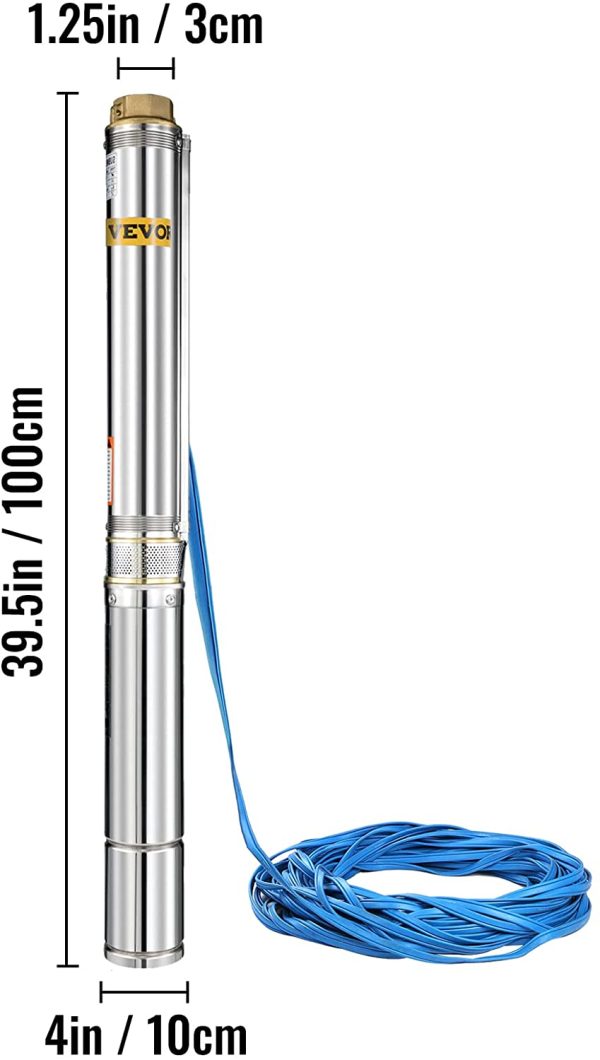 VEVOR Bomba para Pozos Profundos 1,5 HP /1,1 KW, Bomba Sumergible de Agua con Agujero Subacuático de 220 V, Bomba Sumergible de Acero Inoxidable Altura 104 m Cable de 40 m con Caja de Control - Imagen 8