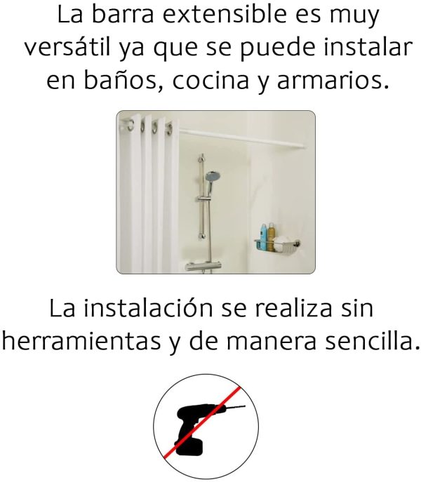 '-Barra Extensible Ajustable de Aluminio para baño, ropero, Armario y Cocina. Fácil Montaje, sin taladros ni Tornillos. Barra de tensión telescópica. (Blanco, 70-120cm) - Imagen 4