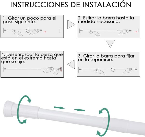 '-Barra Extensible Ajustable de Aluminio para baño, ropero, Armario y Cocina. Fácil Montaje, sin taladros ni Tornillos. Barra de tensión telescópica. (Blanco, 70-120cm) - Imagen 7