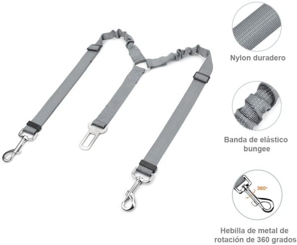 SlowTon cintur??n de Seguridad para Perros,Doble Cinturon Perro Coche, sin enredo Pet Correa el??stica Ajustable Tira Reflectante cintur??n de Seguridad (Gris) - Imagen 6