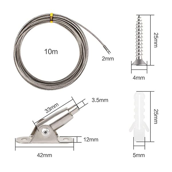 1 Piezas Cuerda de Cable de Acero Inoxidable(10m), Alambre de Colgar Cuadro, Alambre de Suspensi??n de Fotos, 4 Clips de Montaje, 8 Tornillos, 8 Tubos de Expansi??n - Imagen 5