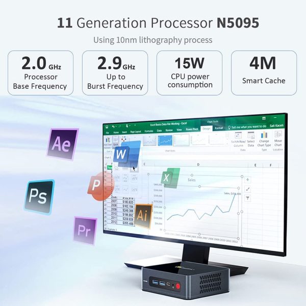 U59 Mini PC Ordenador de Sobremesa Windows 11 Pro con el Nuevo 11th Generaci??n Jasper Lake N5095, 8GB DDR4 + 256GB M.2 SSD, 2.4 + 5.8GHz WiFi, Dual HDMI, Type-C, 1000Mbps, BT 4.0 - Imagen 9