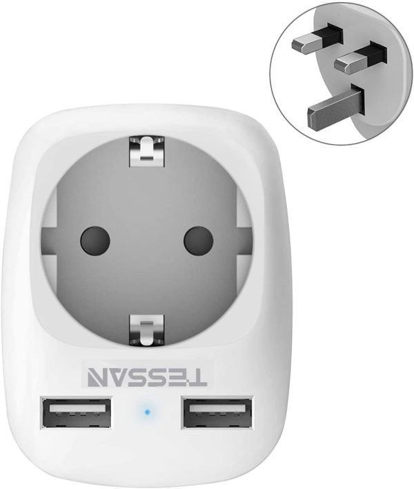 Adaptador Enchufe Ingles UK Inglaterra Adaptador de Viaje con 2 USB (2.4A), Español 2 Patas Europa hacia 3 Patas Reino Unido RU para Irlanda Escocia Britanico Maldivas（Tipo G??Blanco - Imagen 6