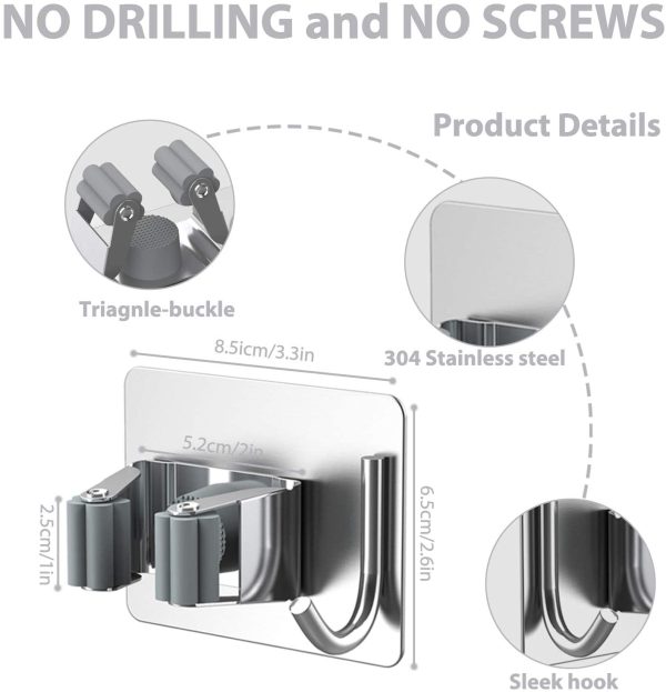 Soporte Escobas Pared 4 Piezas, Adhesivos Ganchos para Colgar Escobas de Acero Inoxidable Sin Perforar, Colgador de Fregonas con Ganchos para Restaurante, Cocina, Ba?o, Garaje (Gris) - Imagen 8