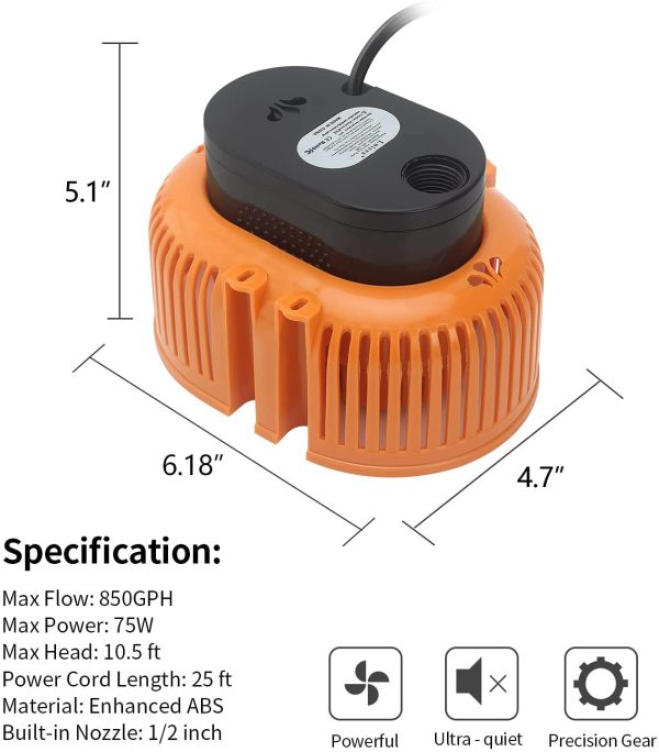 Bomba Sumergible Para Piscinas, S??Tanos, Estanques De Jard??N, Bomba De Agua Residuales Con Manguera De Desag??E Y Cable De Alimentaci??N Extralargo De 25 Pies, Bomba de Agua para Acuario (naranja) - Imagen 2