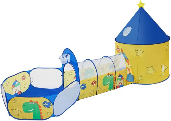 SONGMICS 3 en 1 Tienda campaña Infantil, Casita túnel Infantil Pop-up, con Piscina de Bolas, Tema de Dinosaurio y Espacio, Idea de Regalo, Fiesta de cumpleaños, Amarillo y Azul LPT702Y01 - Imagen 5