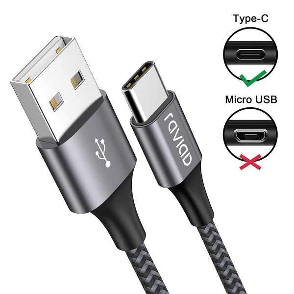 RAVIAD Cable USB Tipo C, [2Pack 2M] Cargador Tipo C Nylon Carga Rápida y Sincronización Cable USB C para Galaxy A02s/A03s/S10/S9/M12, Huawei, Redmi 9A/10, Realme 8, OnePlus 8T, POCO X3 Pro- Gris - Imagen 3