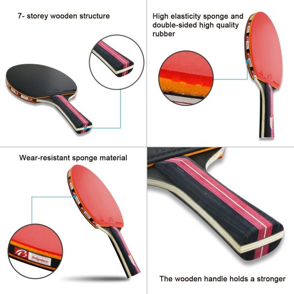 Tencoz Palas Ping Pong, Table Tennis Set para Juego de Interior al Aire Libre - Cl??sico Negro Rojo - Imagen 5