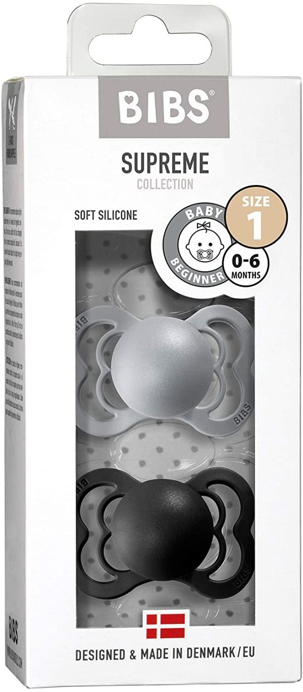 BIBS Supreme Paquete de 2 chupetes. Libre de BPA, Tetina con forma sim??trica. Silicona, Talla 1 (0-6 meses), Cloud / Black