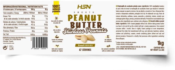 Mantequilla de Cacahuetes Pelados de HSN | 1000 g | Textura Suave y Cremosa | Skinless Peanut Butter Smooth | 100% Natural Vegano | Libre de GMO | No Aceite de Palma, No Azucares ni Sal A?adidos