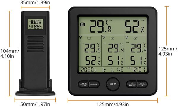 Term??metro Higr??metro Digital Inal??mbrico con 3 Sensores Remotos LCD Digital Medidor de Temperatura/Humedad Interior y Exterior USB para Cargar Valor M??nimo/M??ximo y Alarma - Imagen 5