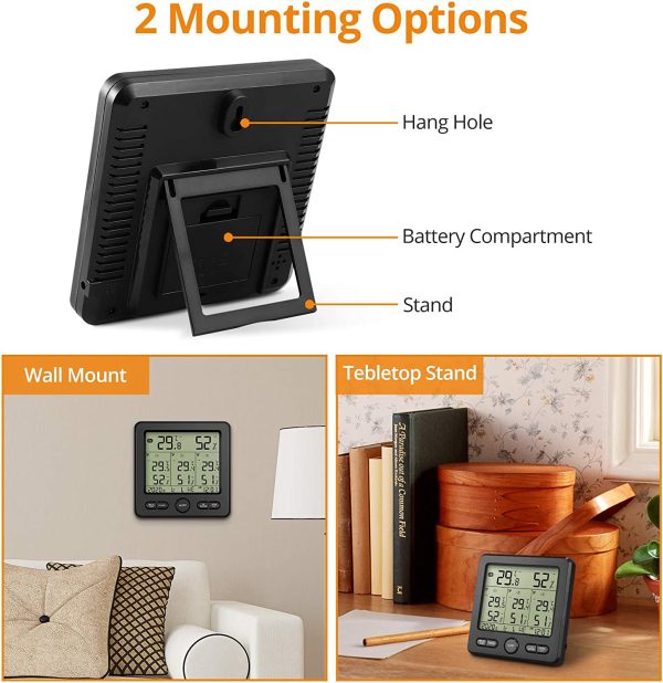 Term??metro Higr??metro Digital Inal??mbrico con 3 Sensores Remotos LCD Digital Medidor de Temperatura/Humedad Interior y Exterior USB para Cargar Valor M??nimo/M??ximo y Alarma - Imagen 4