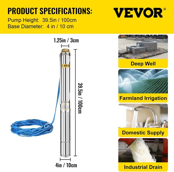 VEVOR Bomba para Pozos Profundos 1,5 HP /1,1 KW, Bomba Sumergible de Agua con Agujero Subacuático de 220 V, Bomba Sumergible de Acero Inoxidable Altura 104 m Cable de 40 m con Caja de Control - Imagen 9