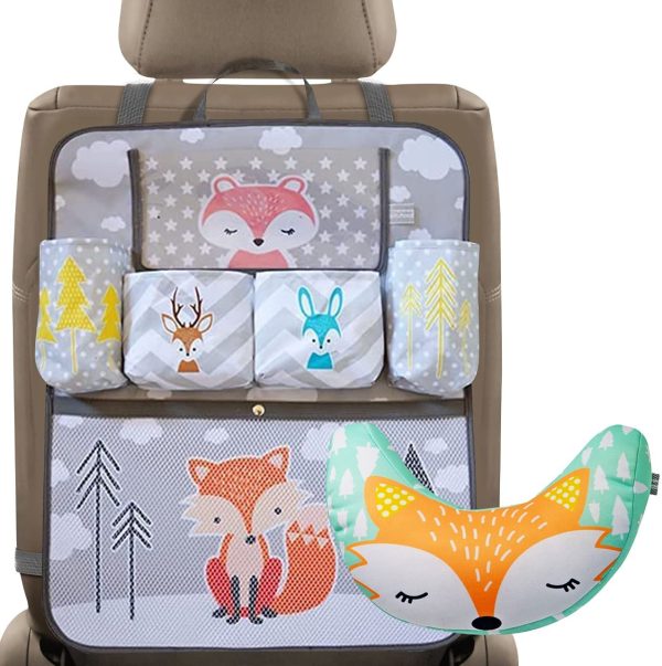 Brunoko organizador multifuncional para asiento coche + almohada cinturon para bebé reposacabezas Set -Accesorios perfectos para viaje en coche con niños, accesorios carrito 2 en 1 -Diseñado en España