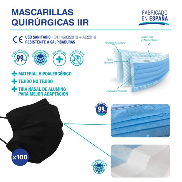 TECNOL HEALTH Mascarillas Quir??rgicas Negras - Fabricadas en Espa?a - 100 unidades - Tipo IIR - BFE > 99% - 3 Capas y Sin Grafeno - Mascarillas Homologadas para Adultos - Imagen 4