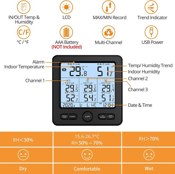 Term??metro Higr??metro Digital Inal??mbrico con 3 Sensores Remotos LCD Digital Medidor de Temperatura/Humedad Interior y Exterior USB para Cargar Valor M??nimo/M??ximo y Alarma - Imagen 2