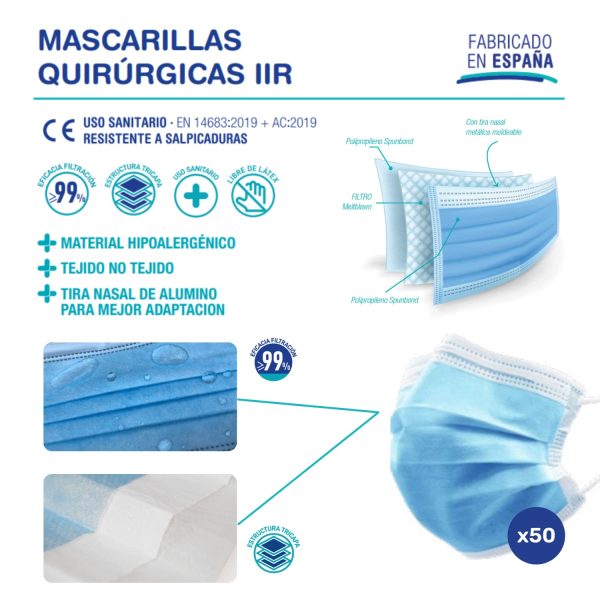 TECNOL HEALTH Mascarillas Quir??rgicas Azules - Fabricadas en Espa?a - 50 o 100 unidades - Tipo IIR - BFE > 99% - 3 Capas y Sin Grafeno - Mascarillas Homologadas para Adultos - Imagen 4