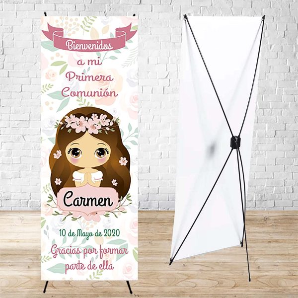 Cartel Comunión niña sin boca con soporte 60 x 160 cm. Decoración comunión, Photocall personalizado con nombre y fecha. Fabricación Española, banner de bienvenida - Imagen 2