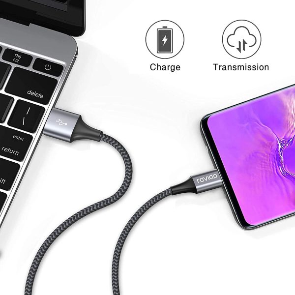 RAVIAD Cable USB Tipo C, [2Pack 2M] Cargador Tipo C Nylon Carga Rápida y Sincronización Cable USB C para Galaxy A02s/A03s/S10/S9/M12, Huawei, Redmi 9A/10, Realme 8, OnePlus 8T, POCO X3 Pro- Gris - Imagen 2