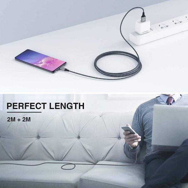 RAVIAD Cable USB Tipo C, [2Pack 2M] Cargador Tipo C Nylon Carga Rápida y Sincronización Cable USB C para Galaxy A02s/A03s/S10/S9/M12, Huawei, Redmi 9A/10, Realme 8, OnePlus 8T, POCO X3 Pro- Gris