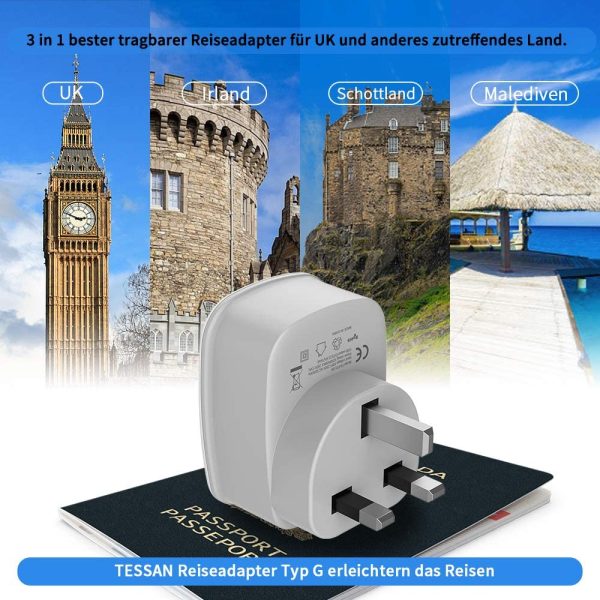 Adaptador Enchufe Ingles UK Inglaterra Adaptador de Viaje con 2 USB (2.4A), Español 2 Patas Europa hacia 3 Patas Reino Unido RU para Irlanda Escocia Britanico Maldivas（Tipo G??Blanco - Imagen 5