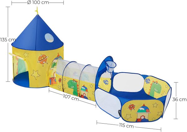 SONGMICS 3 en 1 Tienda campaña Infantil, Casita túnel Infantil Pop-up, con Piscina de Bolas, Tema de Dinosaurio y Espacio, Idea de Regalo, Fiesta de cumpleaños, Amarillo y Azul LPT702Y01 - Imagen 9