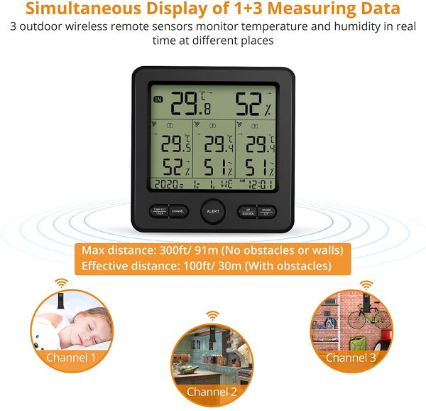 Term??metro Higr??metro Digital Inal??mbrico con 3 Sensores Remotos LCD Digital Medidor de Temperatura/Humedad Interior y Exterior USB para Cargar Valor M??nimo/M??ximo y Alarma