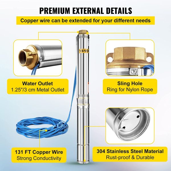 VEVOR Bomba para Pozos Profundos 1,5 HP /1,1 KW, Bomba Sumergible de Agua con Agujero Subacuático de 220 V, Bomba Sumergible de Acero Inoxidable Altura 104 m Cable de 40 m con Caja de Control - Imagen 2