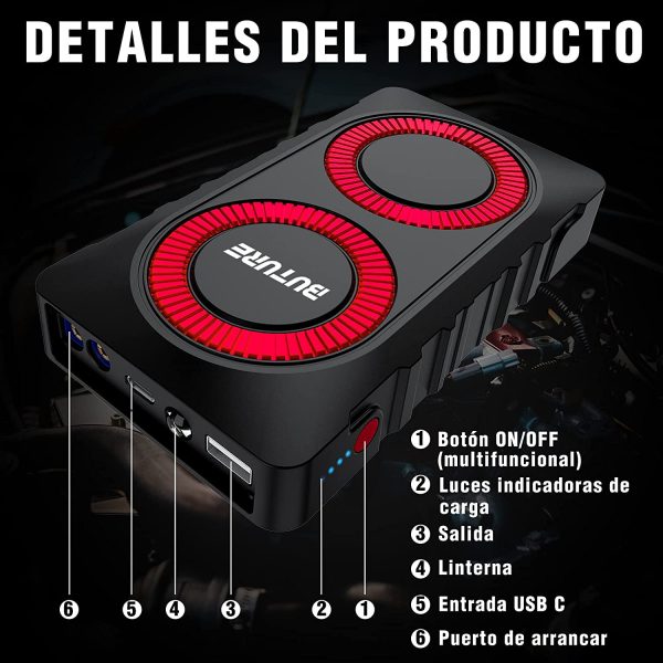 Arrancador de Coches 12000mAh,800A Arrancador de Baterias de Coche (para 6.0L de Gasolina o 5.0L de Diesel),con IP66 Impermeable,Pinzas Inteligentes y Linterna LED. - Imagen 6