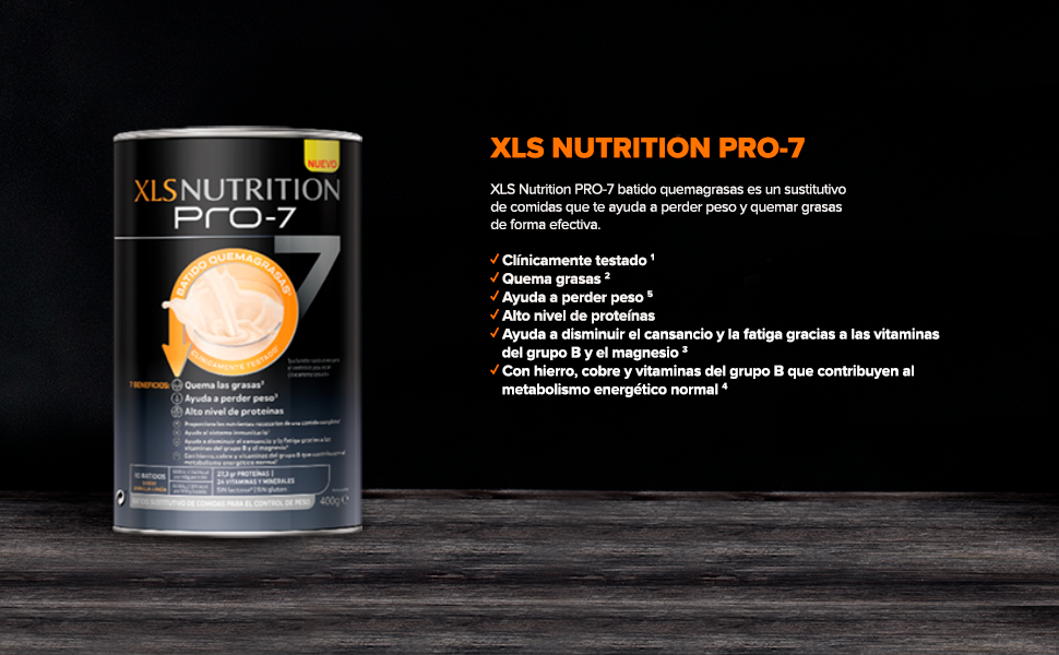 XLS Pro-7 batido sustitutivo de comidas te ayuda a perder peso y quemar grasas.