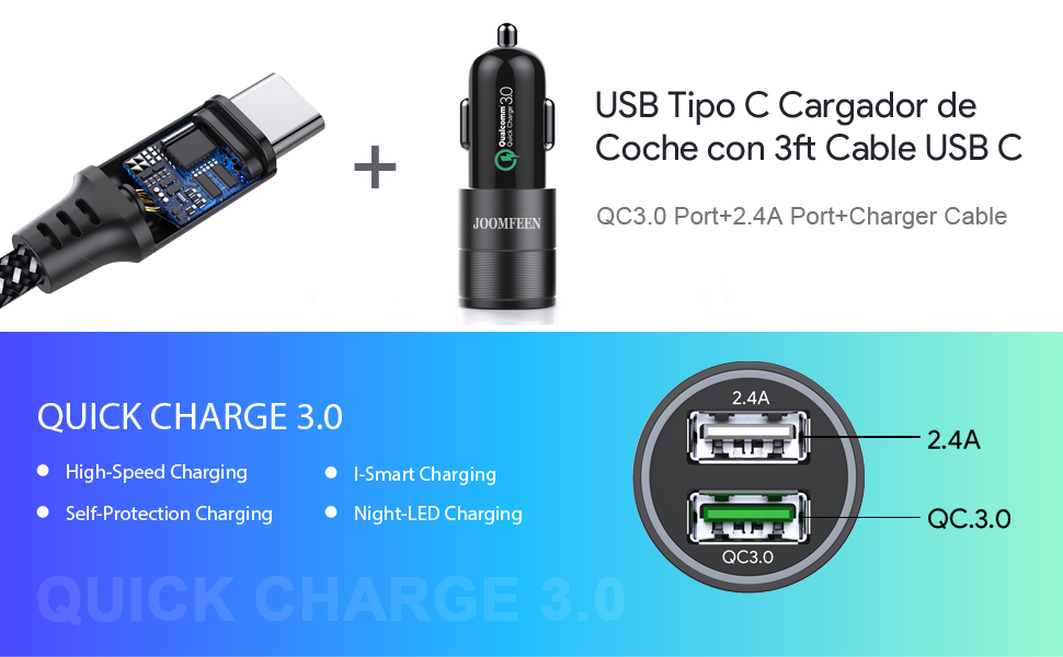 usb tipo c cargador de coche con 3ft cable usb c