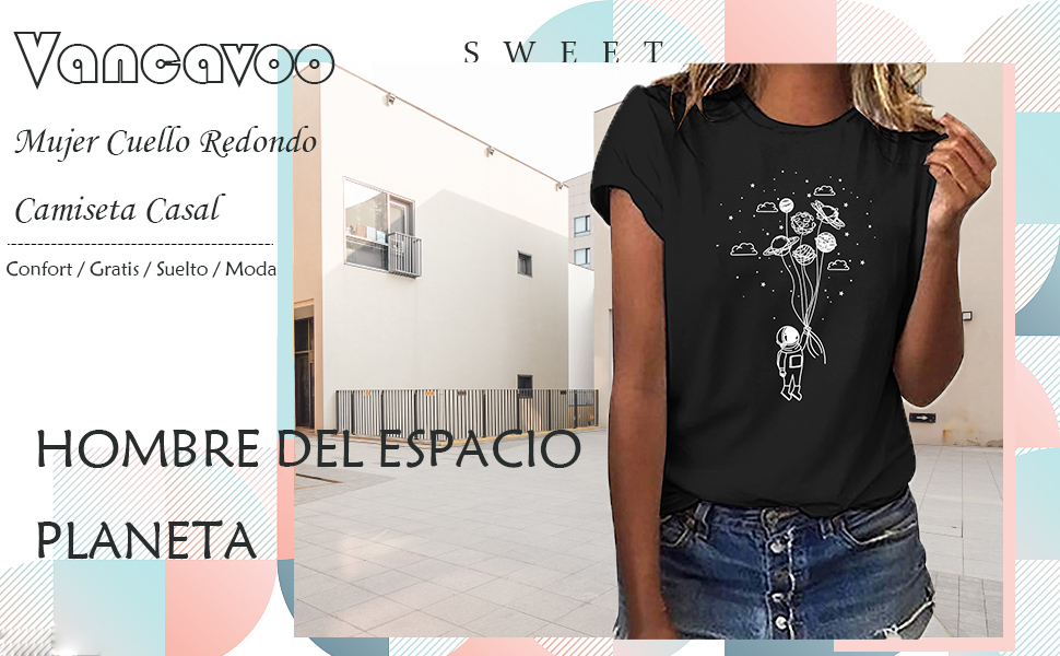 Camisetas de Mujer Mangas Cortas Verano Casual Camiseta Patrón de Astronauta y Planeta T-Shirt 