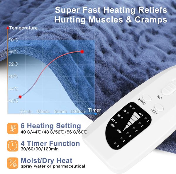 Almohadilla Eléctrica Mantas Termica Eléctrica Calentamiento Rápido con 6 Niveles Temperatura, 4 Modes Temporizadores, Cinta Ajustable, para Lumbares, Espalda, Hombros, Abdome (60 x 30 cm) - Imagen 3