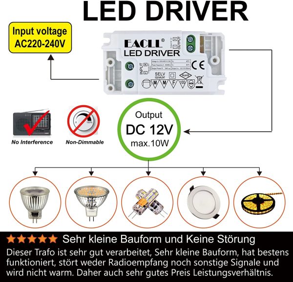 Transformador LED AC 240V a DC 12V 850mA 10W, Para drive de Menos de 10W MR11 G4 MR16 GU5.3 Bombillas LED y Tiras de Luz LED, Adaptador de L??mpara LED Controlador Alimentaci??n, 1 Pack - Imagen 9