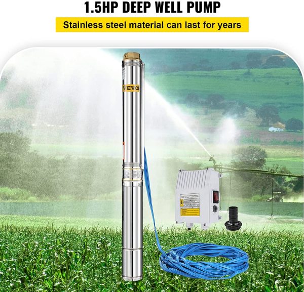 VEVOR Bomba para Pozos Profundos 1,5 HP /1,1 KW, Bomba Sumergible de Agua con Agujero Subacuático de 220 V, Bomba Sumergible de Acero Inoxidable Altura 104 m Cable de 40 m con Caja de Control - Imagen 4