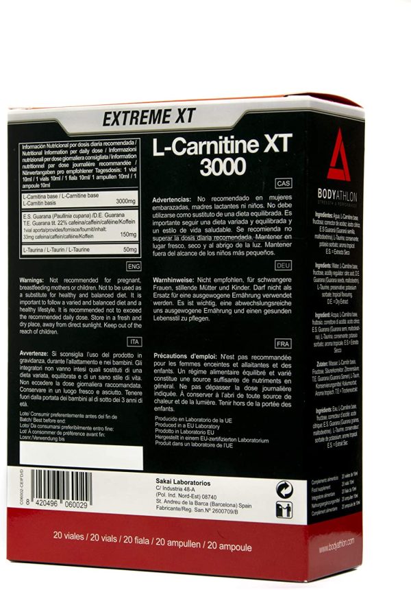 Bodyathlon - L Carnitina 3000 L??quida Extreme XT - Con Taurina y Guaran?? - Suplemento Deportivo ?C Alta concentraci??n - 20 Viales Sabor Tropical - Imagen 5