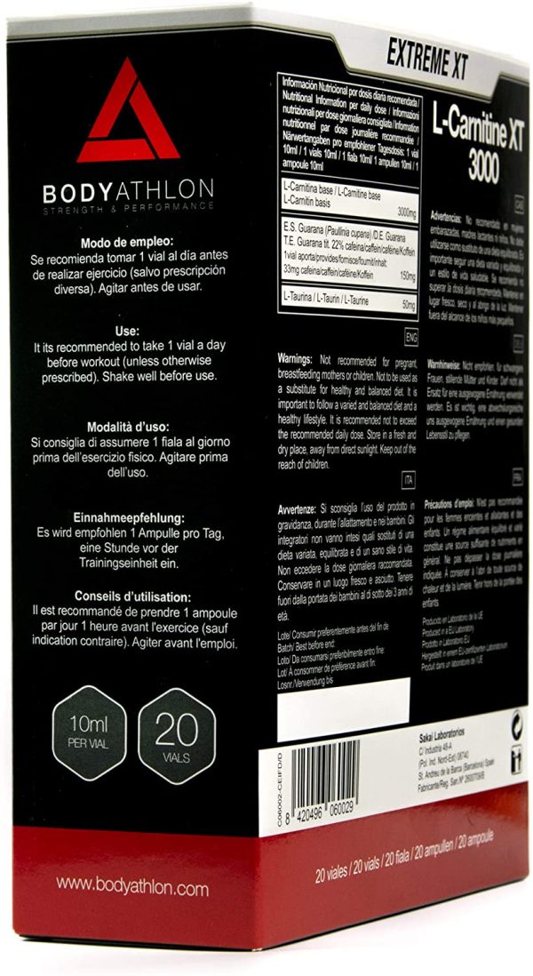 Bodyathlon - L Carnitina 3000 L??quida Extreme XT - Con Taurina y Guaran?? - Suplemento Deportivo ?C Alta concentraci??n - 20 Viales Sabor Tropical