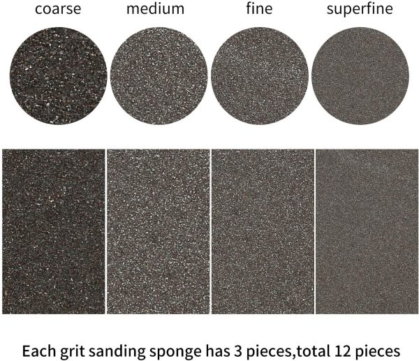 Bestechno Esponja de Lijado (12 Piezas): 4 especificaciones Surtido (Grueso Medio Fino superfino) Lavable, Bloques de Lijado y Kit Reutilizable (Esponja de Arena)