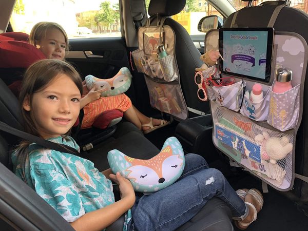 Brunoko organizador multifuncional para asiento coche + almohada cinturon para bebé reposacabezas Set -Accesorios perfectos para viaje en coche con niños, accesorios carrito 2 en 1 -Diseñado en España - Imagen 8