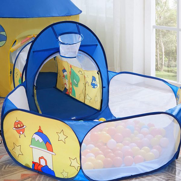 SONGMICS 3 en 1 Tienda campaña Infantil, Casita túnel Infantil Pop-up, con Piscina de Bolas, Tema de Dinosaurio y Espacio, Idea de Regalo, Fiesta de cumpleaños, Amarillo y Azul LPT702Y01 - Imagen 4