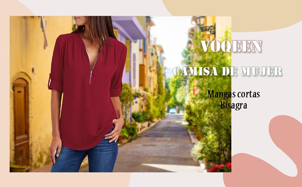 Tuopuda Mujer Blusas y Camisa Cuello V Camisetas Cremallera Gasa Blusas