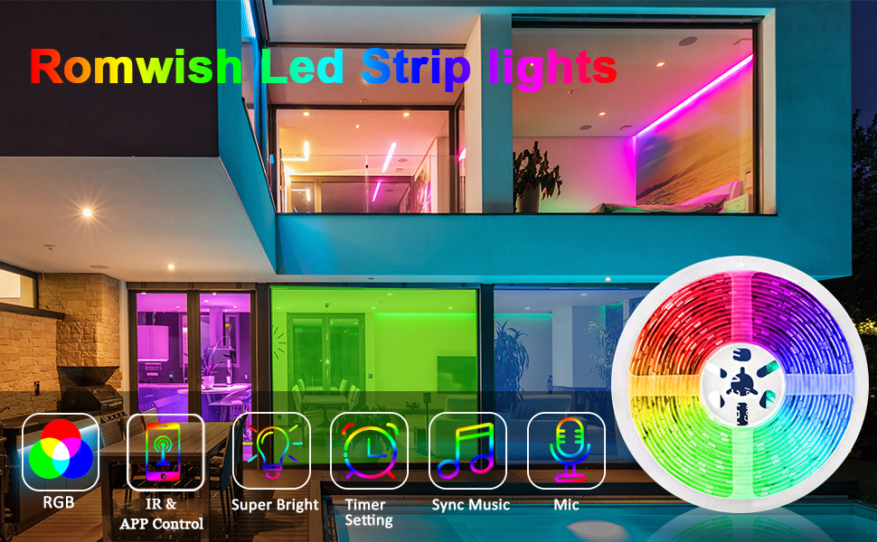 romwish led strip lights rope light rgb 5050 music mic bluetooth 